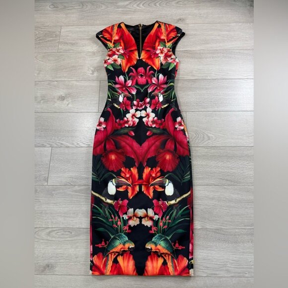 TED BAKER Bismii Toucan Print Multicolor Tropical Black Bodycon Midi Dress - Picture 4 of 14